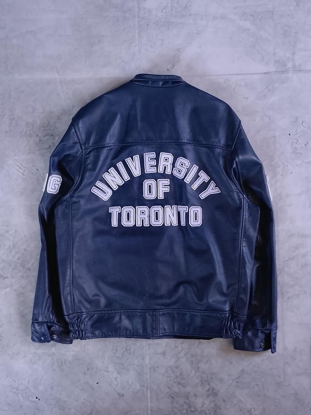 Vintage 1980s University of Toronto Navy Leather Jacket LANGUAGE DEPT LETTERMAN